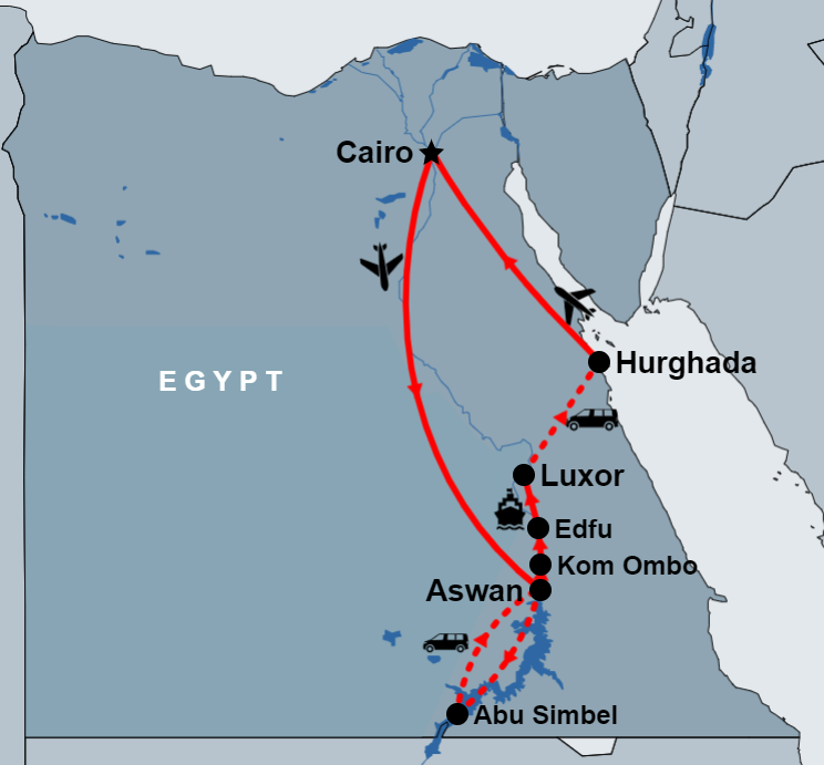 13 Day Cairo, Nile Cruise and Hurghada map 13 Day Cairo, Nile Cruise and Hurghada map